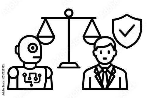 AI ethics and law concept. Robot and human with justice scales. Artificial intelligence regulation, moral responsibility, and safety. Technology policy and legal framework vector.