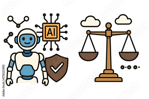 AI ethics and law concept. Robot with technology chip and security shield versus justice scales. Artificial intelligence regulation, moral challenges, and legal framework metaphor.
