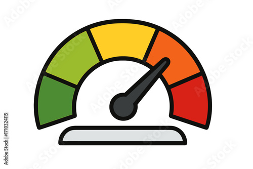 Gauge vector icon showing high level. Speedometer, indicator for performance, risk, or credit score. Dashboard element from low to high. Measurement, satisfaction meter.