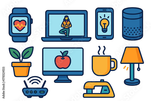 Work from home and healthy lifestyle icon set. Smart home technology, wellness, and daily routine elements. Vector illustration of digital life and office objects.