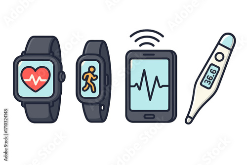 Health monitoring technology icon set. Smart devices for tracking fitness and medical data. Smartwatch, activity tracker, smartphone with heart rate, and thermometer vector.