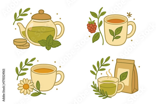 Herbal tea set vector cartoon illustration. Collection of cozy minimalist nature inspired drinks with mint, chamomile, ginger and raspberry. Healthy organic beverage icons.