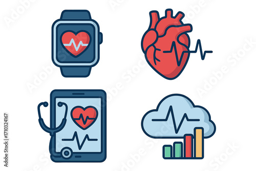 Health technology icons. Medical advancements in heart health monitoring and data analysis. Telemedicine, cardiology, and e-health concepts with smartwatch and cloud data symbols.