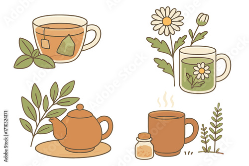 Herbal tea vector illustration set. Cozy minimalist nature elements. Hot beverage concept for relaxation, wellness, and calm. Teapot, cup, mint, chamomile icons collection.