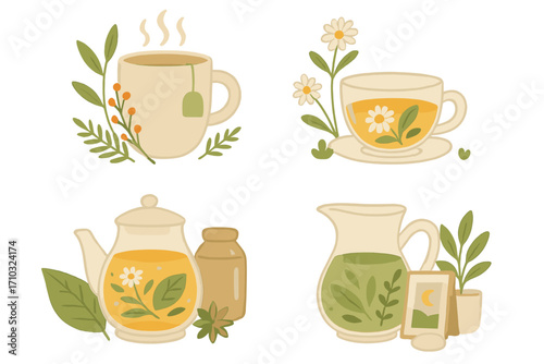 Herbal tea vector set. Cozy minimalist cartoon illustrations of chamomile cup, hot drink mug, teapot. Natural organic beverage concept for wellness and relaxation. Healthy lifestyle.