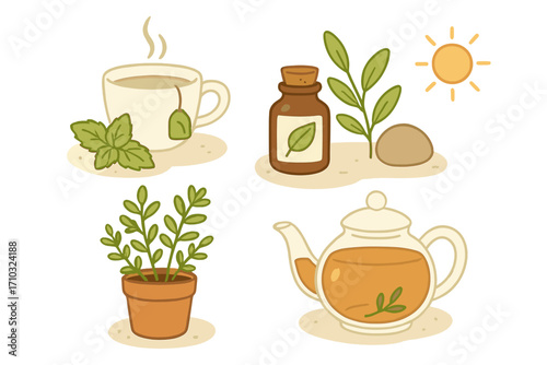 Herbal tea and nature elements cartoon set. Vector icons of mint tea, essential oil, plant, and teapot for wellness, relaxation, self-care, and natural remedy concepts.