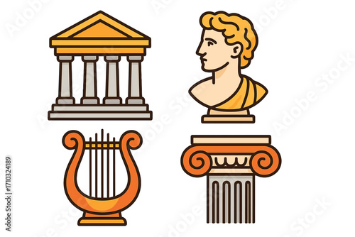 Set of ancient Greece and Rome icons. Greek culture and classical architecture symbols. Vector illustration includes temple, bust statue, ionic column, and lyre harp.