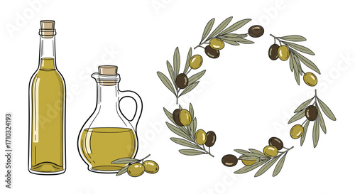Illustration of olive oil bottles and a wreath made of olive branches and olives.