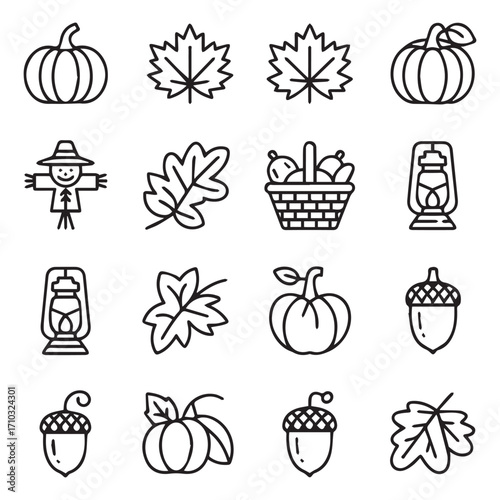 Black and white autumn icons of pumpkins leaves acorns scarecrow and basket