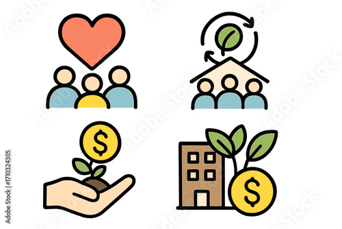 Social impact icon set for community development and financial growth. Vector symbols for sustainable initiatives, charity, CSR, ESG, and ethical investment projects.