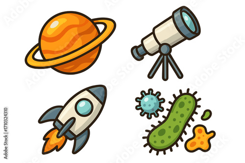 Science icon set for exploration and discovery. Cartoon vector pack with planet, rocket, telescope, virus, and bacteria. For astronomy, biology, and research concepts.
