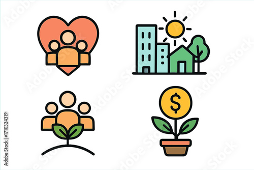 Vector icon set for social impact and financial growth. Community development project symbols. Sustainable investment, charity, and society building icons. Urban growth concept.