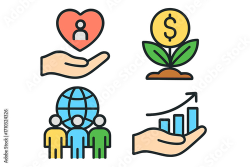 Set of icons representing social impact, financial growth, community development, and sustainable projects. Concepts of charity, investment, ESG, and corporate responsibility.