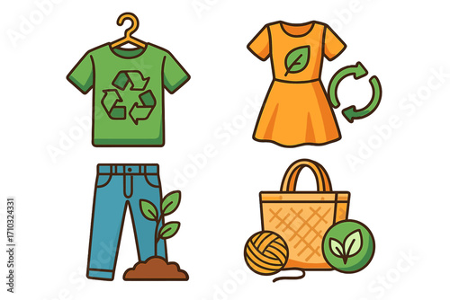 Sustainable fashion vector icon set. Eco-friendly clothing, recycled materials, slow fashion concept. Organic fabric, upcycling, second-hand reuse, biodegradable clothes.