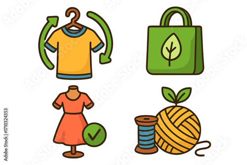 Sustainable fashion icon set with vector illustrations for eco-friendly and ethical clothing. Concepts for circular economy, recycling, slow fashion, and natural materials.