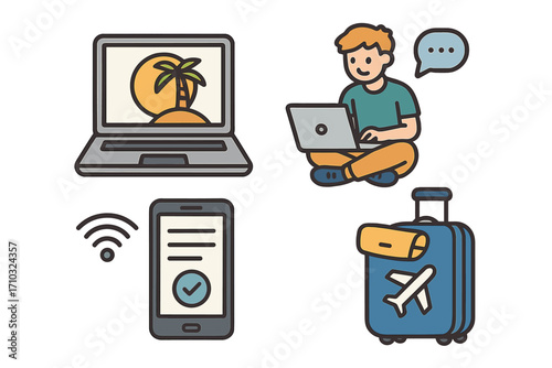 Digital nomad lifestyle icon set. Remote work and travel concept with freelancer, laptop, suitcase, and phone. Vector illustration for online business, freelance, and tourism.