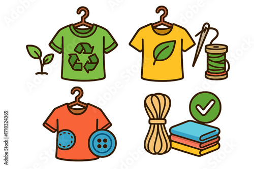 Sustainable fashion icon set. Eco-friendly clothing concepts like recycling, reusing, repairing, and upcycling. Slow fashion, organic fabric, and conscious consumerism vector.