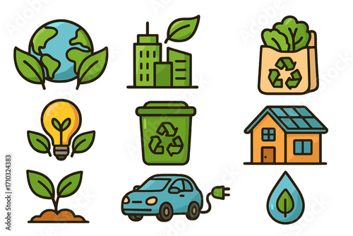 Sustainable living icon set. Eco friendly practices, green energy, recycling concept. Vector cartoon illustration of ecology signs for urban environment and clean planet care.