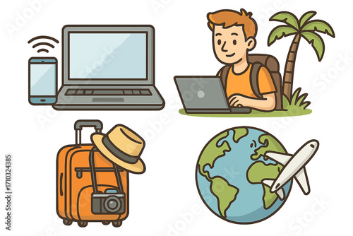 Digital nomad icon set. Man working on laptop, travel concepts. Remote work, freelancer lifestyle. Vector illustration of computer, luggage, globe and airplane icons.