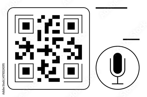 QR code and microphone symbol for digital linking, communication, audio input, and voice tech. Ideal for technology, communication, marketing, connectivity, interface innovation simple landing page