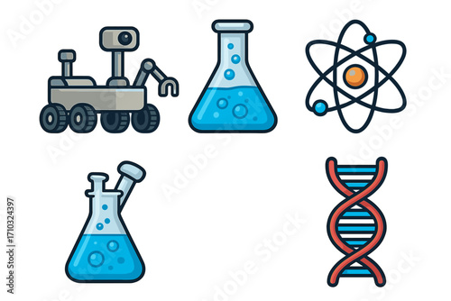 Science icon set for education and research. Vector illustrations of space rover, chemistry flask, atom, and DNA helix. Biology, physics, and genetics symbols collection.