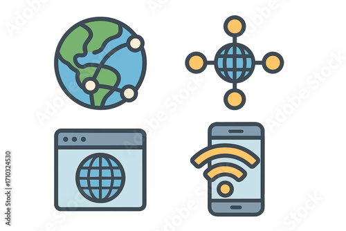 Modern digital icons flat design global connectivity internet technology network communication smartphone browser worldwide web vector cartoon transparent background