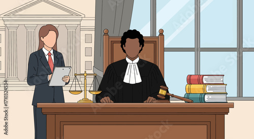 In a modern courtroom illustration, a judge sits at the bench with a gavel and law books, while a legal professional stands beside the scales of justice.