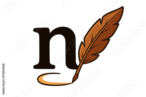 Notary letter concept with lowercase n and vintage feather quill pen logo, cartoon vector illustration of writing tool, calligraphy symbol, ink pen stroke, classic legal signature design