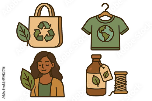 Sustainable fashion icons showcasing eco-friendly clothing, recycling, natural products, conscious consumerism, green lifestyle, organic materials, and environmental care in cartoon vector style