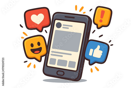 Social media marketing smartphone with reaction push buttons concept, cartoon vector illustration with like, love, smile, and alert icons, digital communication design