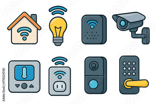 Smart home technology icons set with modern wireless devices for convenience and security, including smart thermostat, light bulb, camera, door lock, and power outlet, vector cartoon illustration