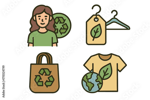 Sustainable fashion icons showcasing eco-friendly clothing, recycling, reusable bags, organic fabrics, green lifestyle, environmental protection, and conscious consumerism vector illustration