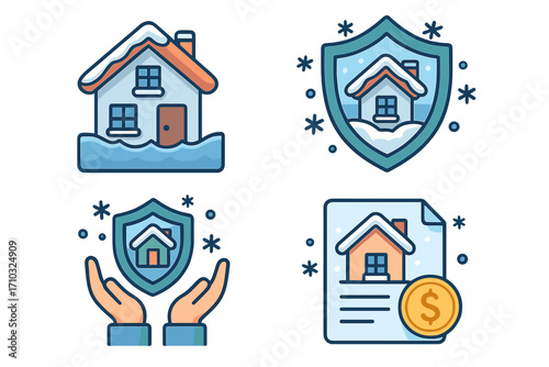 Various Home Insurance Icons Representing Water Damage Flood Protection, Property Safety Shield, Financial Documents with Dollar Coin, and Winter Season Coverage, Vector Cartoon Illustration