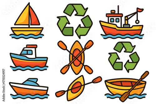 Colorful marine icons set with boats, kayaks, recycling symbols, nautical elements, watercraft collection, eco-friendly maritime design, summer ocean vector cartoon illustration