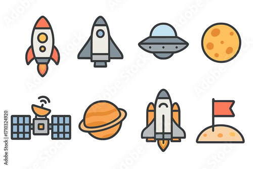 Vector illustration of 8 flat-style space icons including rocket, spaceship, UFO, moon, satellite, planet with rings, space shuttle, flag on surface, science and technology vector set