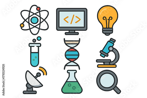 Modern vector cartoon icons representing science, technology, research, innovation, coding, laboratory test tubes, DNA, microscope, satellite dish, and ideas concept with transparent background