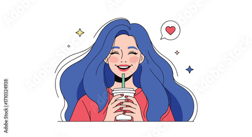 A happy young woman with bright blue hair enjoying a refreshing beverage with a straw and a heart symbol above her head.