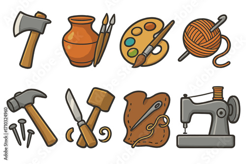 Traditional artisan tools and crafts set, vector cartoon illustration with axe, hammer, paint palette, brushes, pottery, yarn, sewing machine, leatherwork, woodworking, and hand tools collection