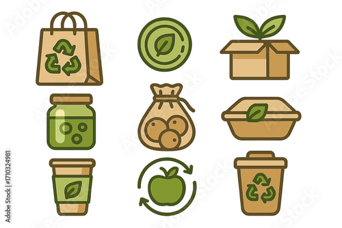 Various eco-friendly icons representing sustainable packaging, food storage, recycling symbols, reusable bags, biodegradable containers, green living concepts, modern cartoon vector illustration