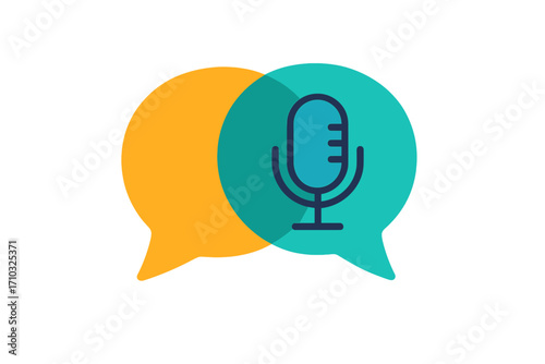 Overlapping colorful speech bubbles with microphone icon, podcast communication concept, voice chat symbol, audio broadcasting, conversation, dialogue vector illustration, transparent background