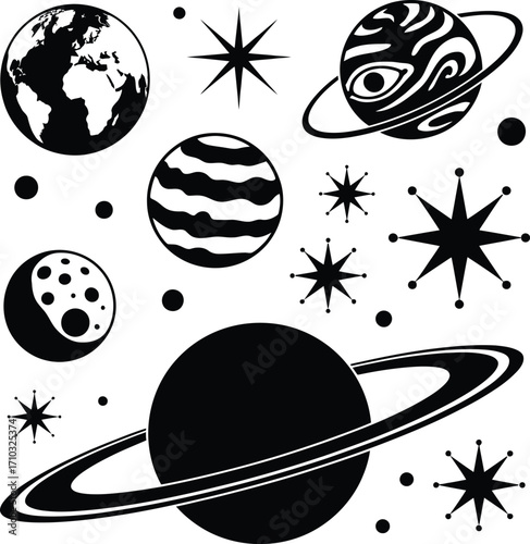 Cosmic Symbol Icon Set – Black and White Vector Illustrations of Earth, Planets, Stars, and Celestial Patterns