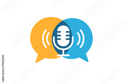 Overlapping colorful chat bubbles with microphone podcast logo, communication symbol, voice recording concept, discussion, dialogue, talk show, podcasting icon, audio broadcast illustration