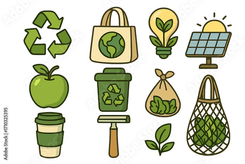 Sustainable lifestyle symbols promoting eco-friendly practices, recycling, green energy, reusable bags, plant growth, solar power, and zero waste living, cartoon vector set