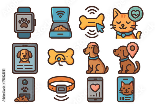 Pet technology icons depicting smart devices and pets for tracking, monitoring health, activities, GPS location, feeding, and digital pet identification vector cartoon