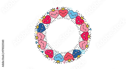 A delightful circular arrangement of charming heart characters adorned with golden crowns and expressive faces.