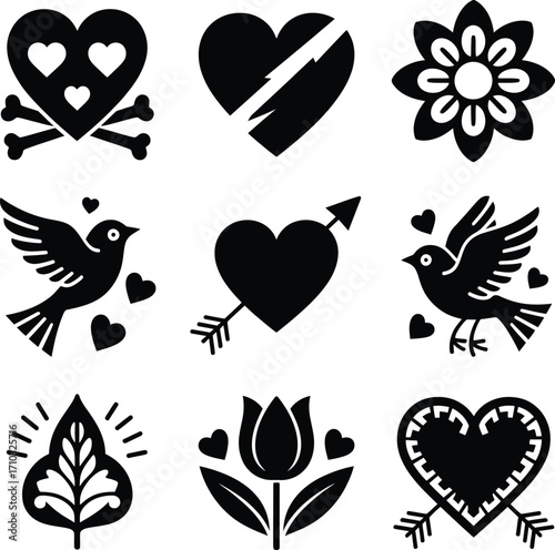 Love & Romance Icon Grid – Black and White Vector Illustrations of Hearts, Birds, Flowers, and Emotional Symbols