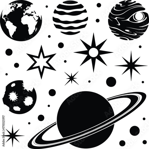 Space & Celestial Icon Set – Black and White Vector Illustrations of Planets, Stars, Earth, and Cosmic Symbols
