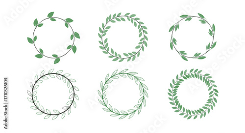 Collection of delicate green leaf wreaths and circular floral frames perfect for elegant design applications.