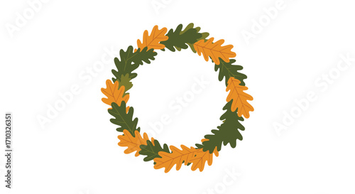 An autumn wreath with green and orange leaves.