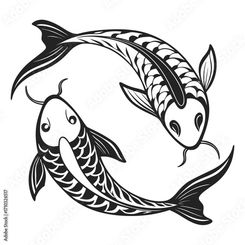 Two koi fish swimming in a yin yang symbol silhouette isolated on white background